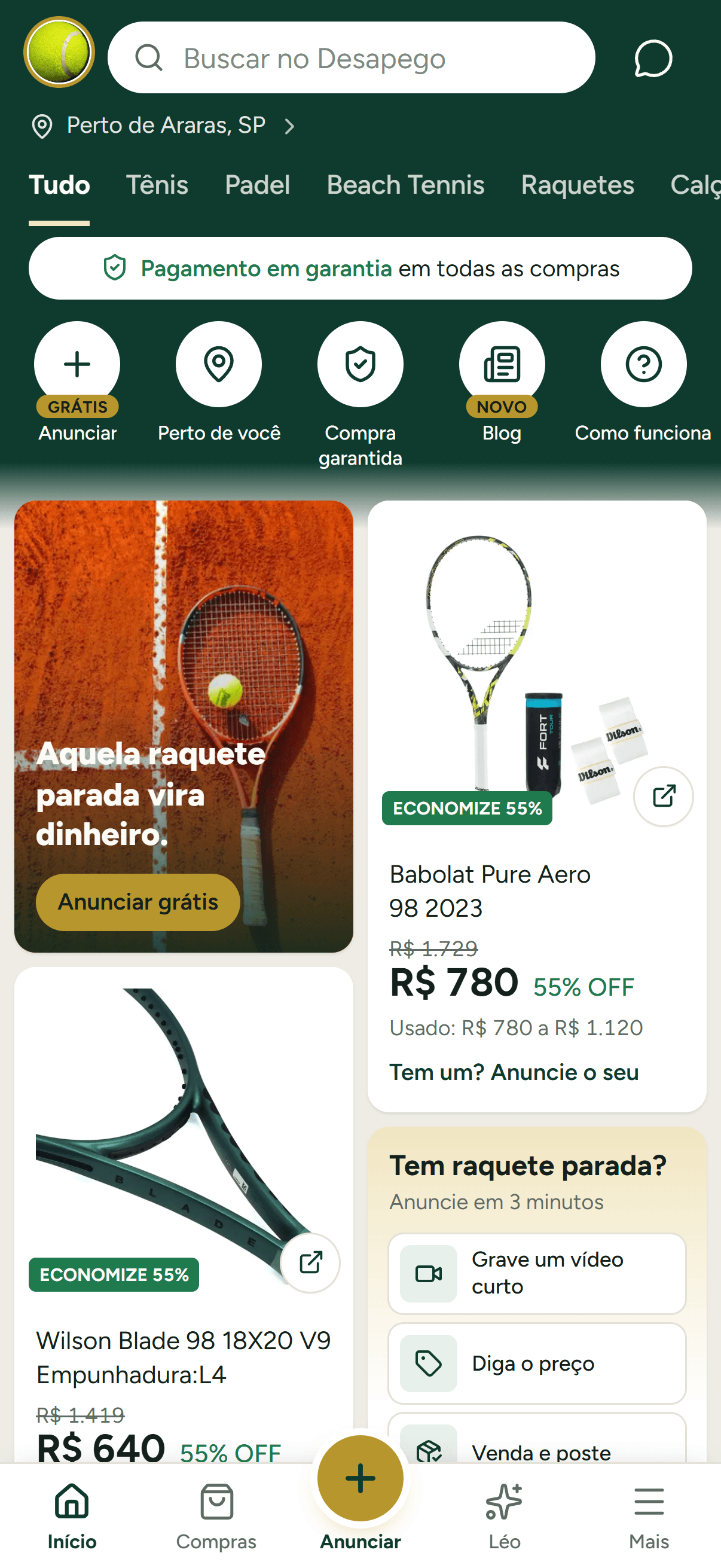 Tela inicial do app do Desapego do Tenista